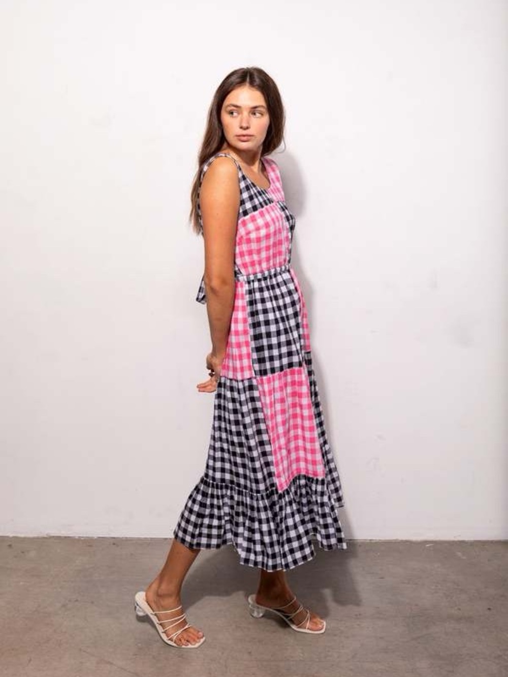 Rujuta Sheth Gema Backless Tiered Halter Dress in Black/Rose Chex - Picture 5 of 5